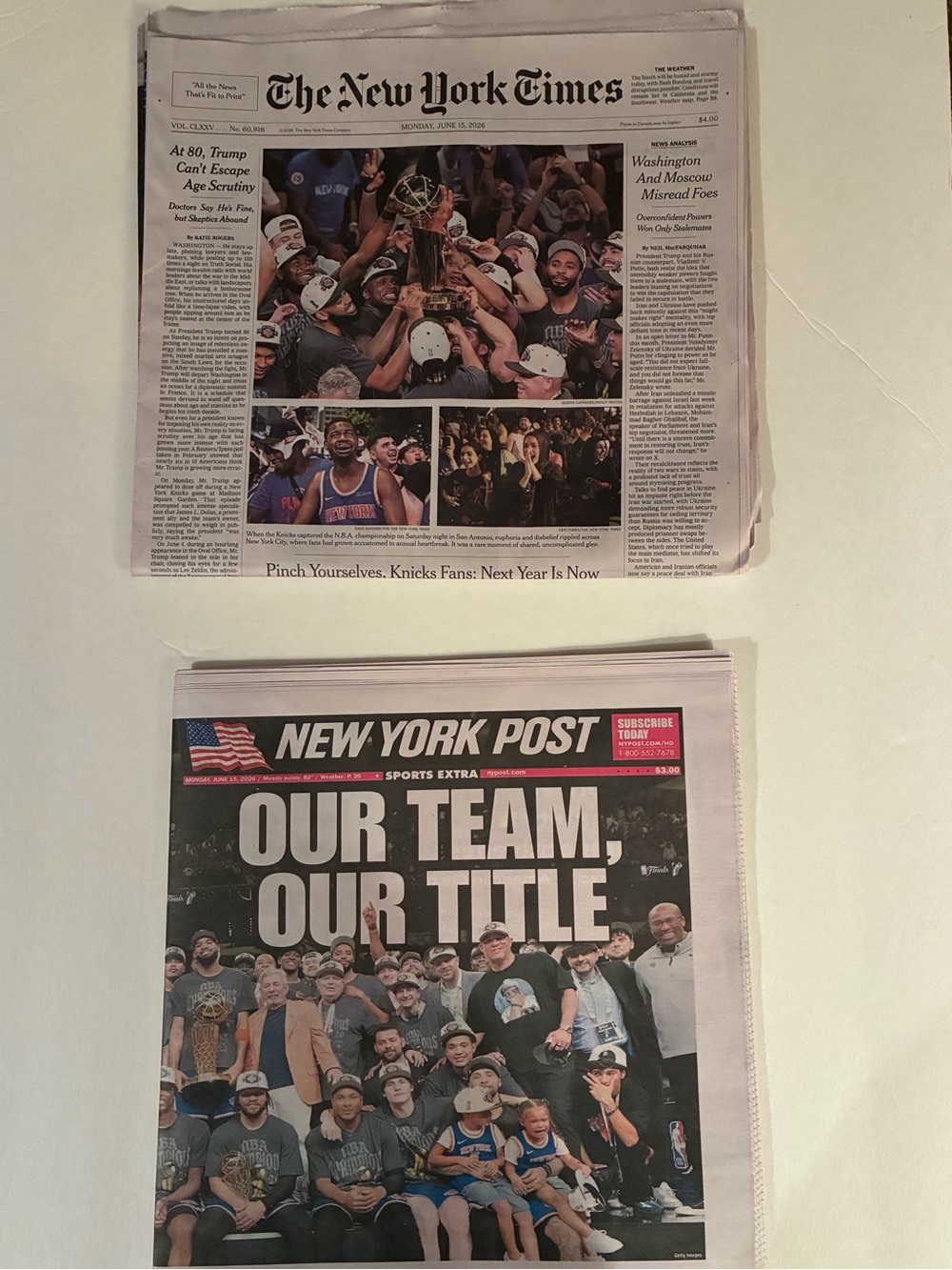 The New York Times & NY Post Newspapers LOT OF 2 (6/15/26) Knicks Are NBA Champs